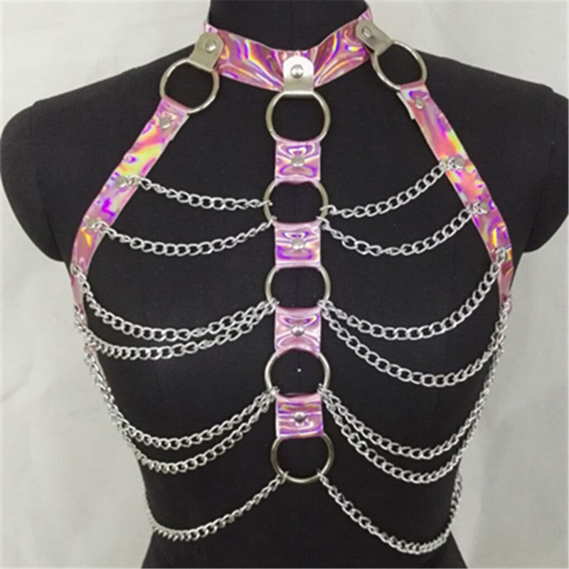 Women Halter Color Body Harness Bondage Party Chain Belt Festival Rave Costume Clubwear Holographic Belt Pastel Goth Top