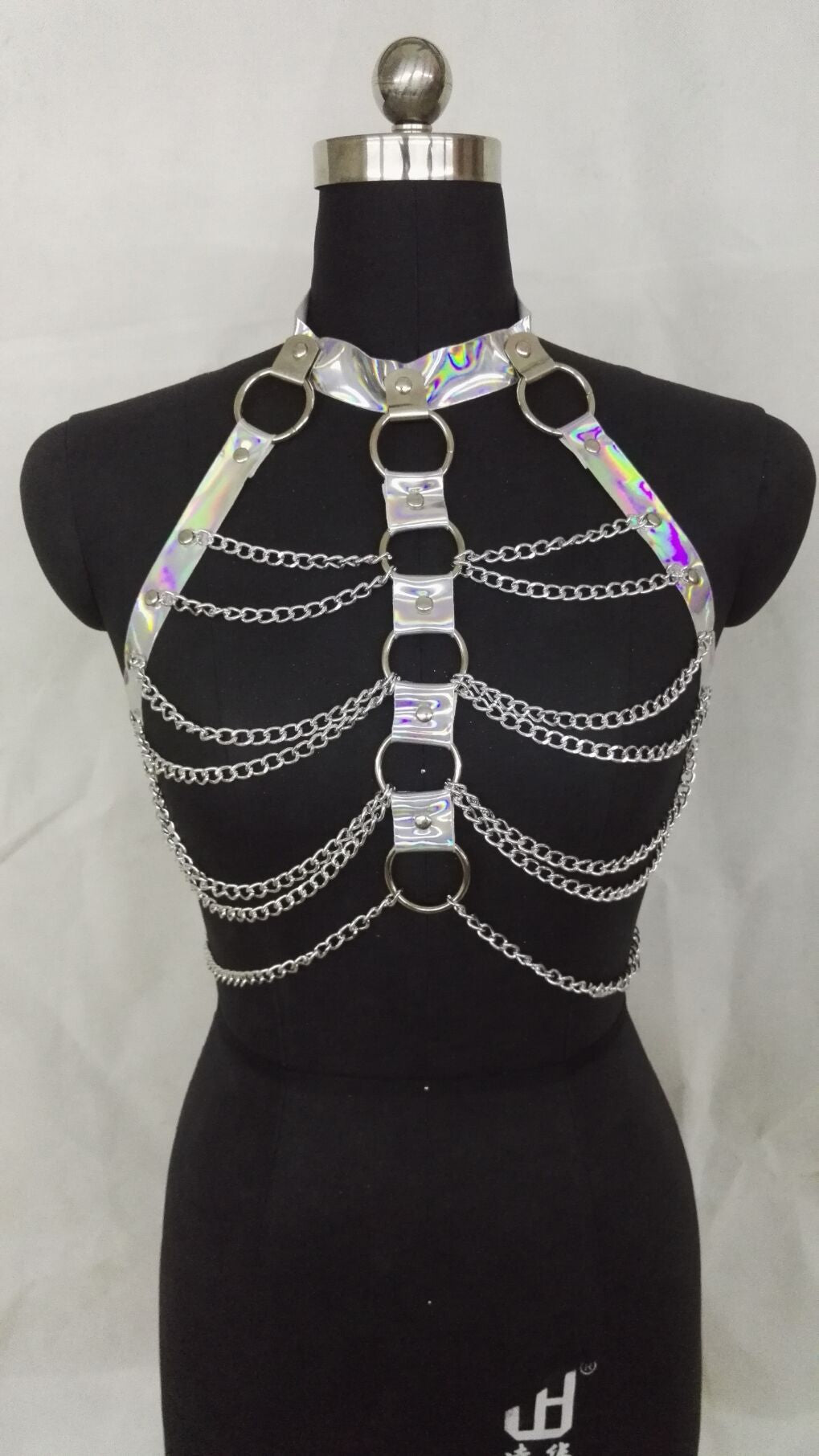 Women Halter Color Body Harness Bondage Party Chain Belt Festival Rave Costume Clubwear Holographic Belt Pastel Goth Top