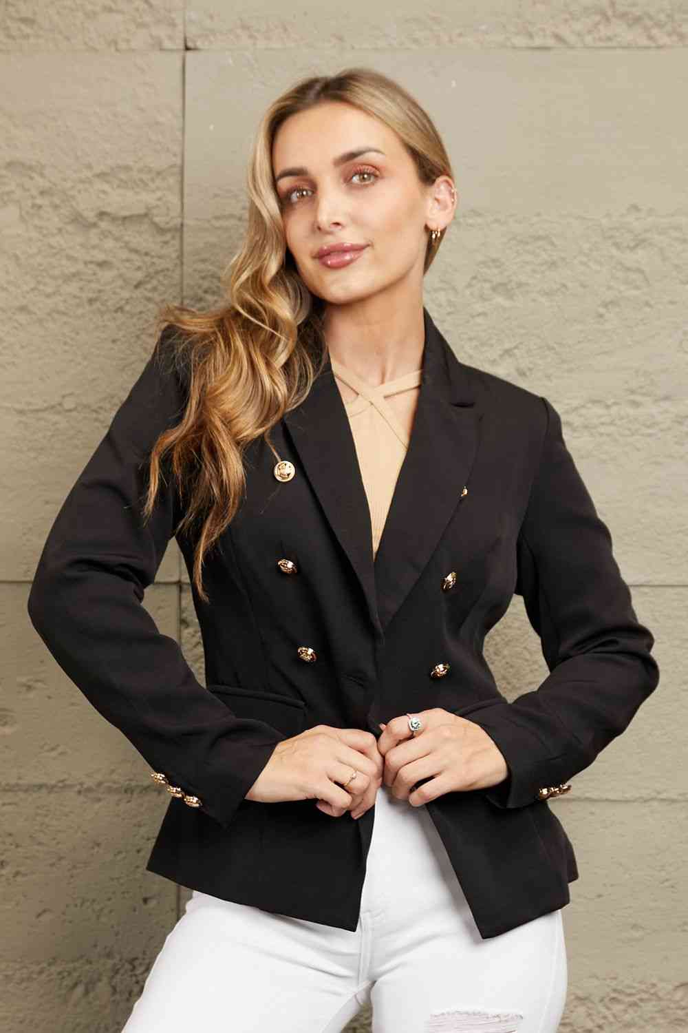 Double Take Double-Breasted Padded Shoulder Blazer