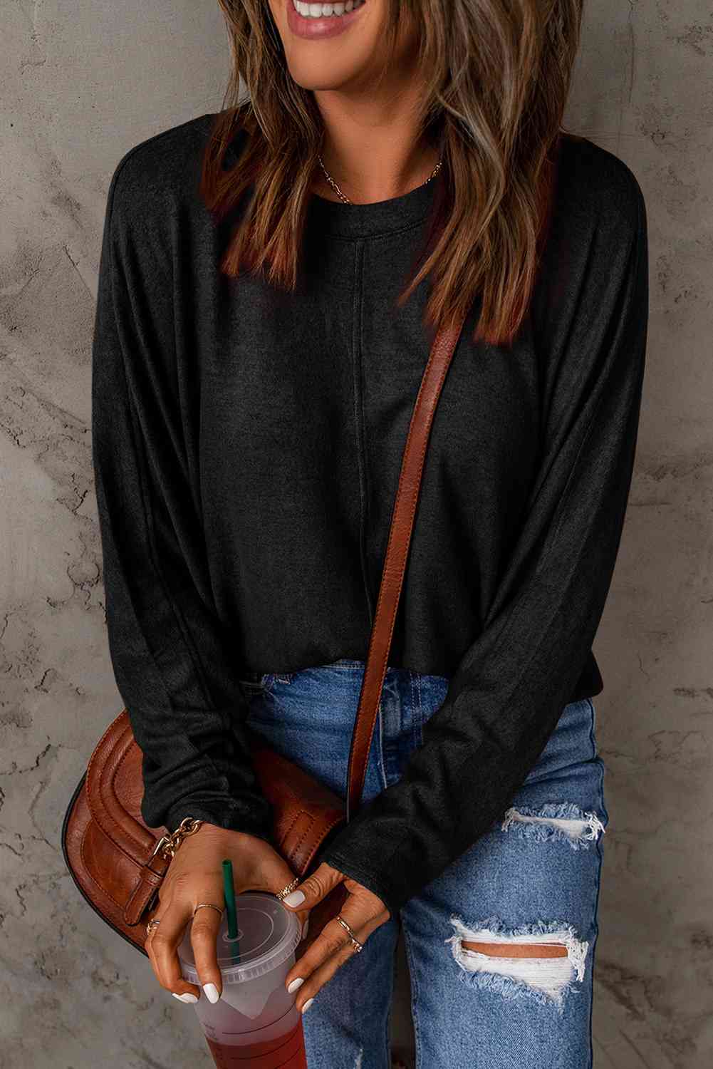 Seam Detail Round Neck Long Sleeve Top