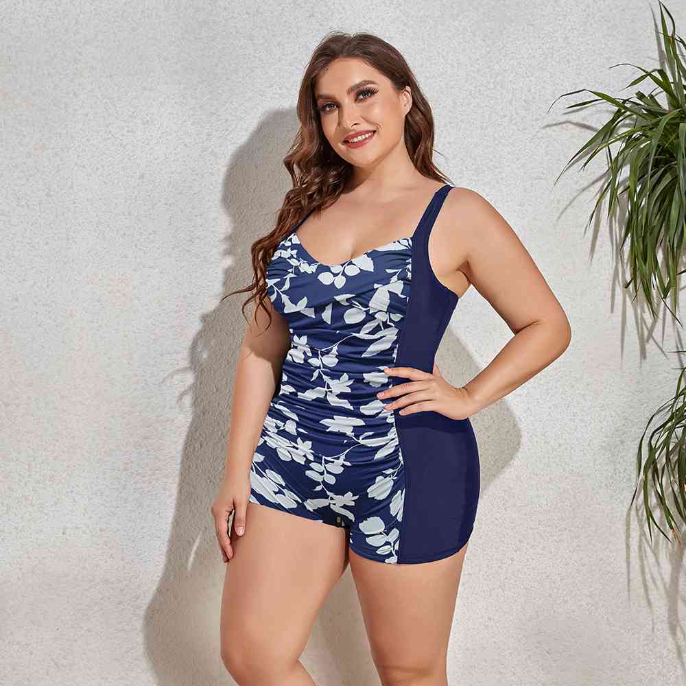 Plus Size Printed Sleeveless Swim Romper