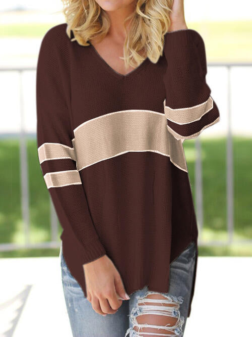 Striped V-Neck Long Sleeve Sweater