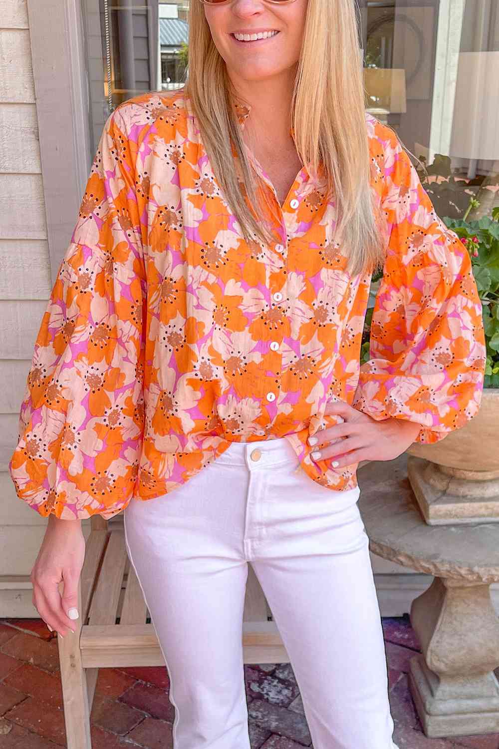 Printed Balloon Sleeve Top