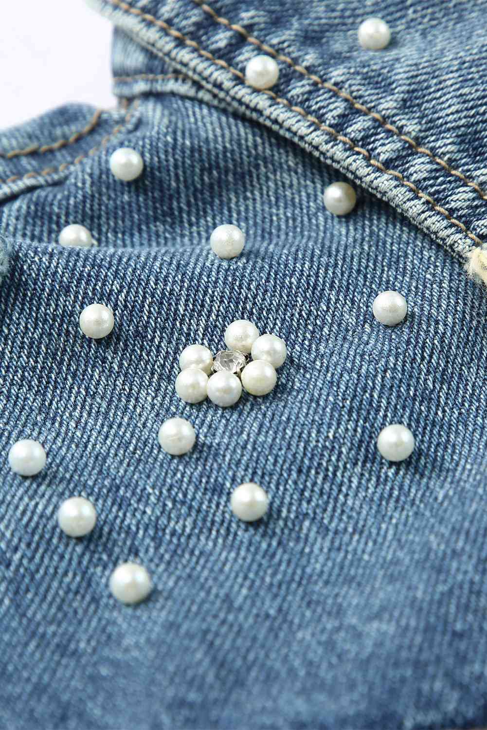 Pearl Detail Distressed Button Up Denim Jacket