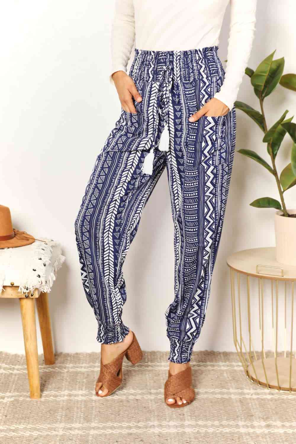 Double Take Geometric Print Tassel High-Rise Pants