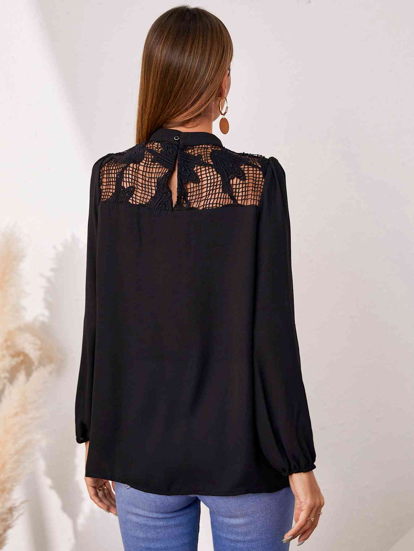 Openwork Round Neck Puff Sleeve Blouse