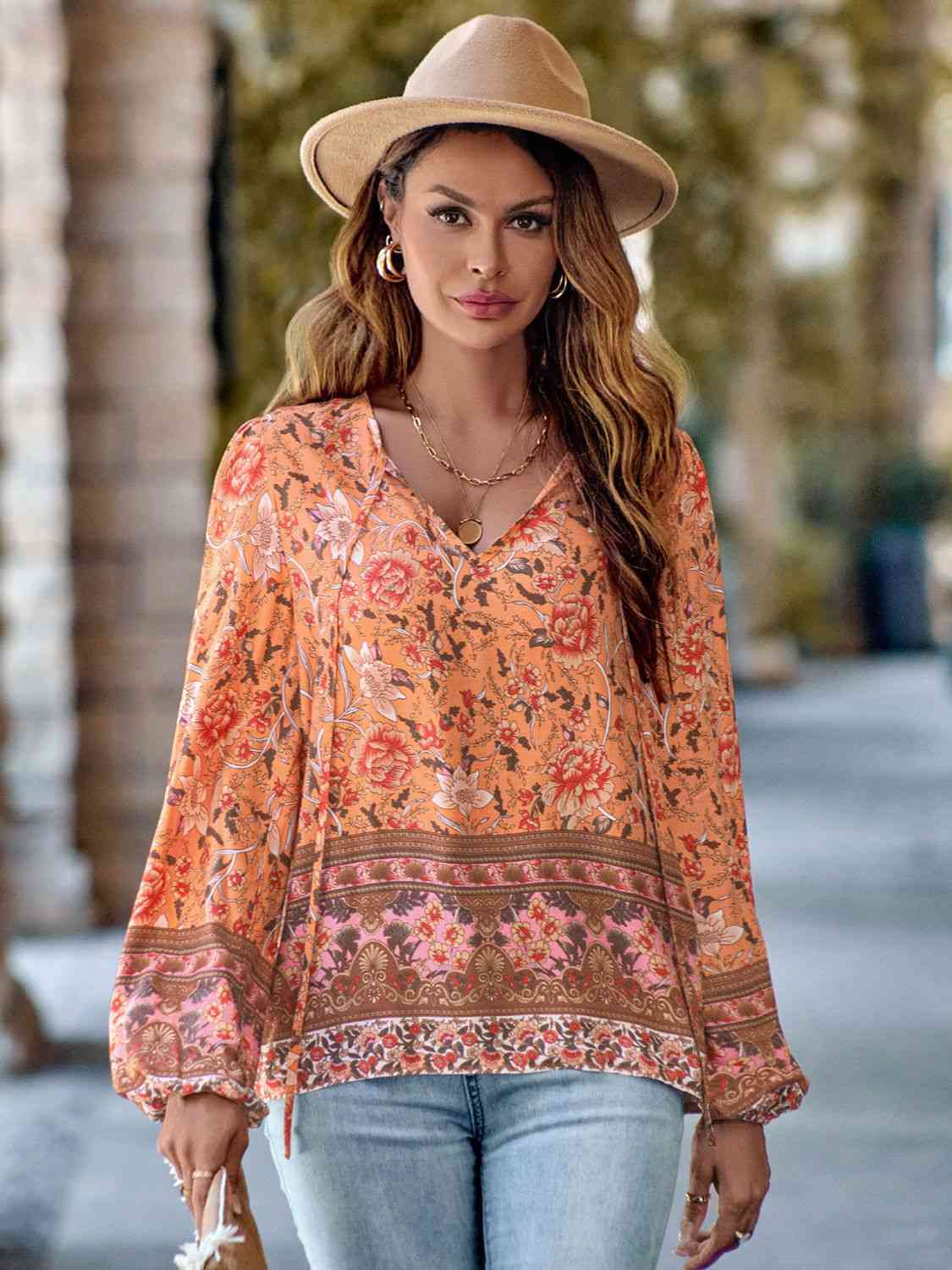 Printed Tie Neck Long Sleeve Blouse