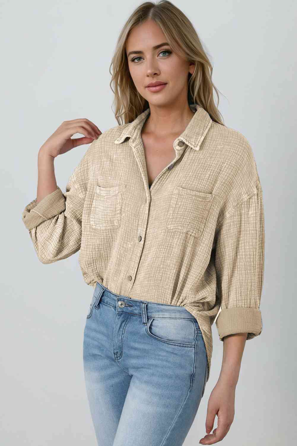 Mineral Wash Crinkle Textured Chest Pockets Shirt