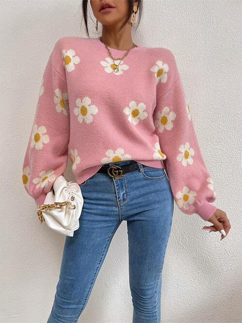 Flower Round Neck Latern Sleeve Sweater