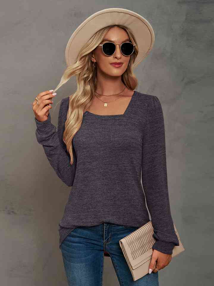 Heathered Square Neck Long Sleeve T-Shirt