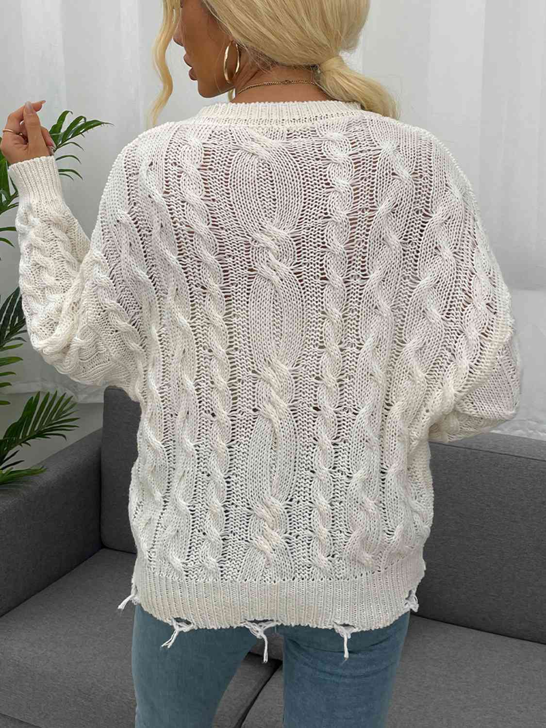 Openwork Distressed Long Sleeve Sweater