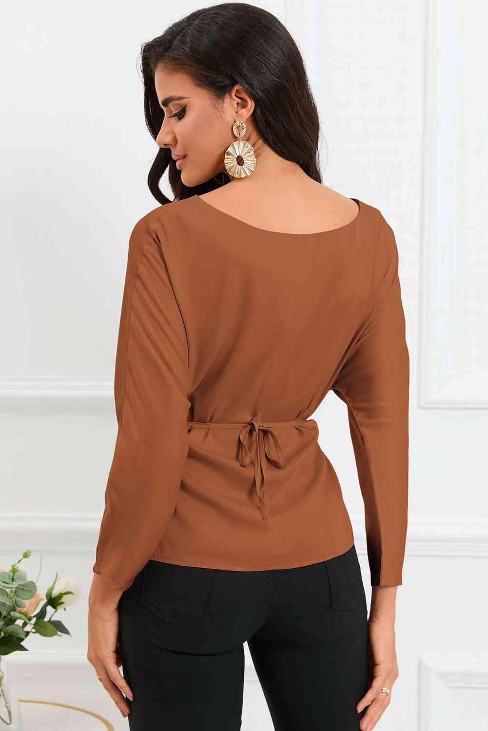 Boat Neck Back Tie Long Sleeve Satin Blouse