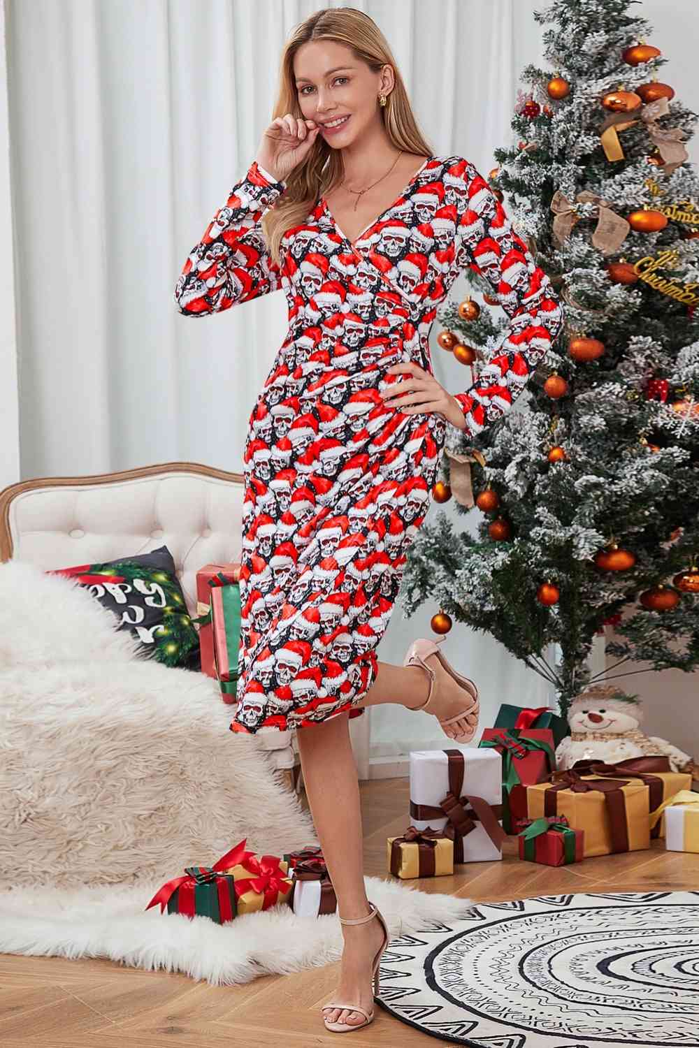 Christmas Element Print Long Sleeve Dress