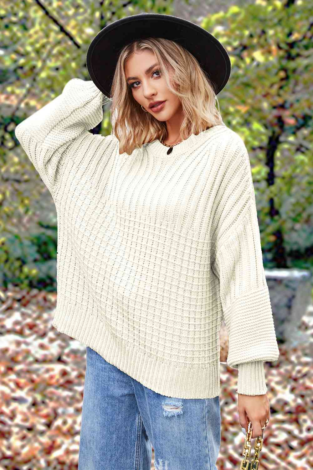 Round Neck Lantern Sleeve Sweater