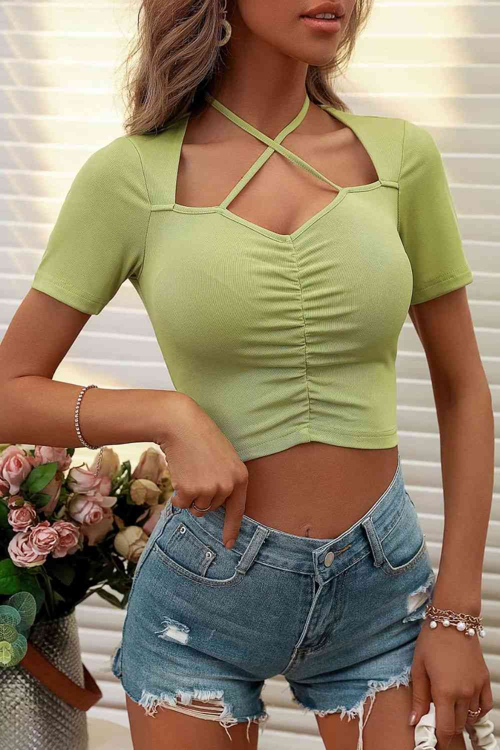 Halter Neck Ruched Short Sleeve Top