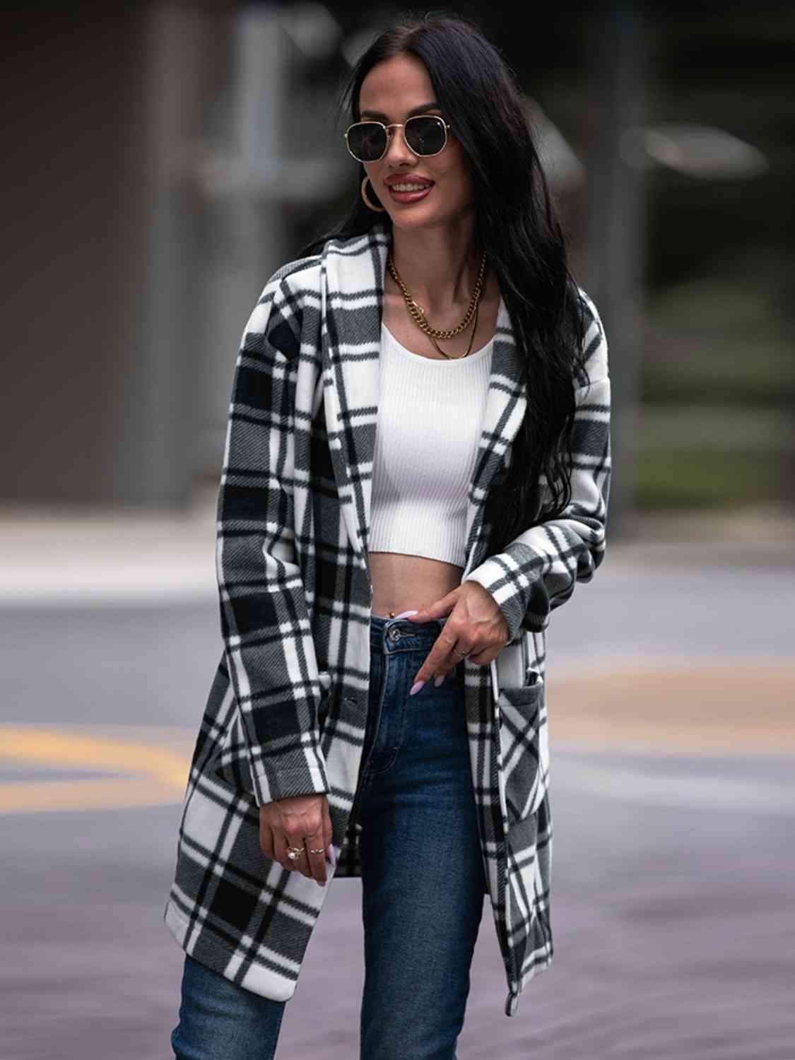 Plaid Shawl Collar Coat with Pockets