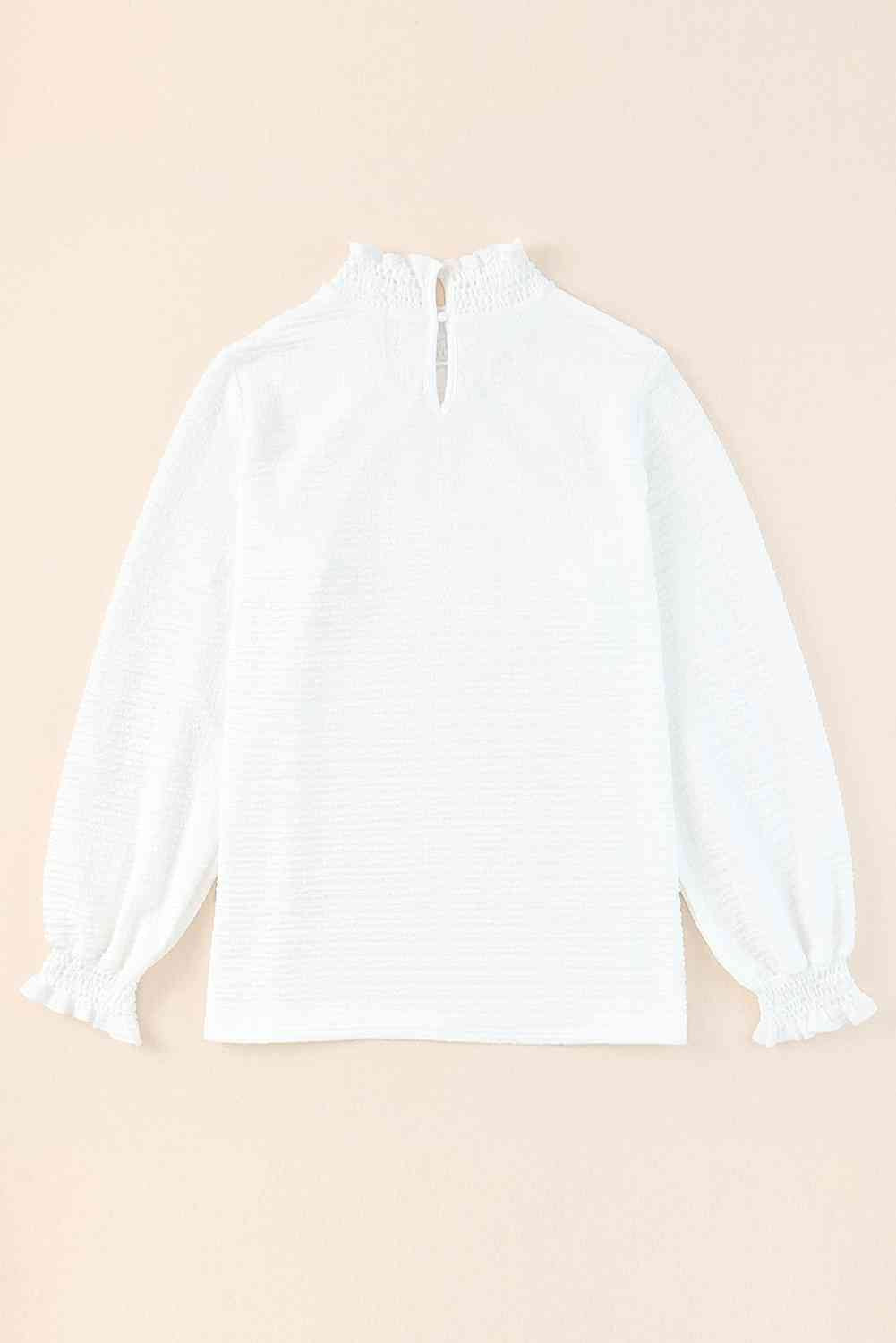 Frill Trim Balloon Sleeve Textured Blouse