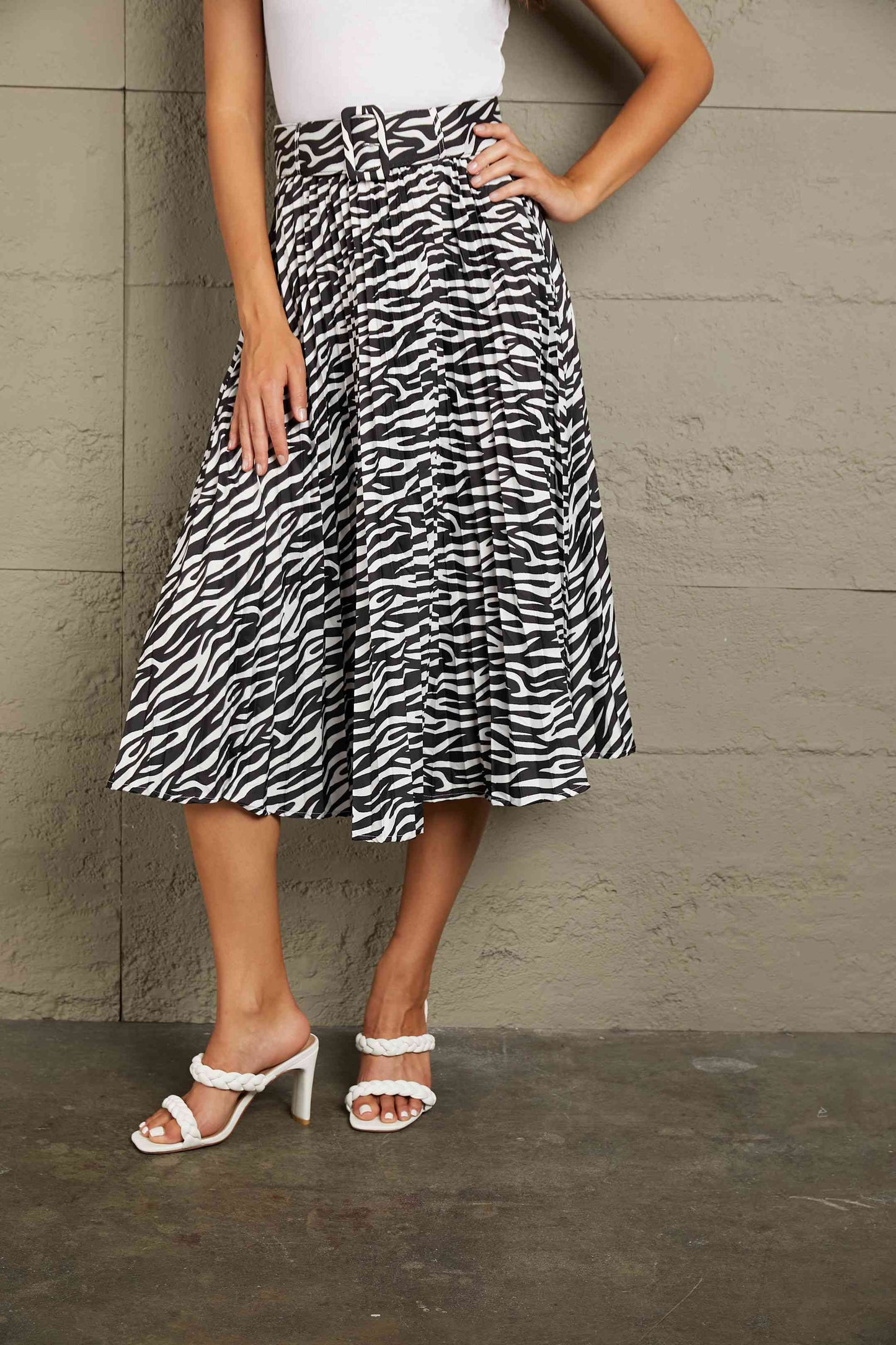 Double Take Animal Print Pleated Midi Skirt