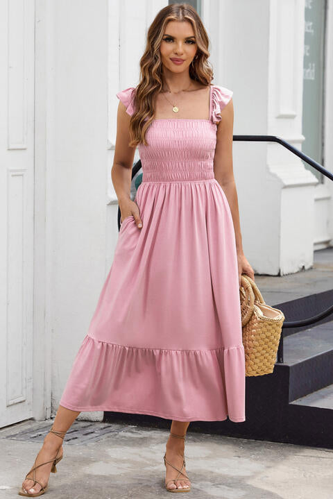 Smocked Square Neck Midi Dress