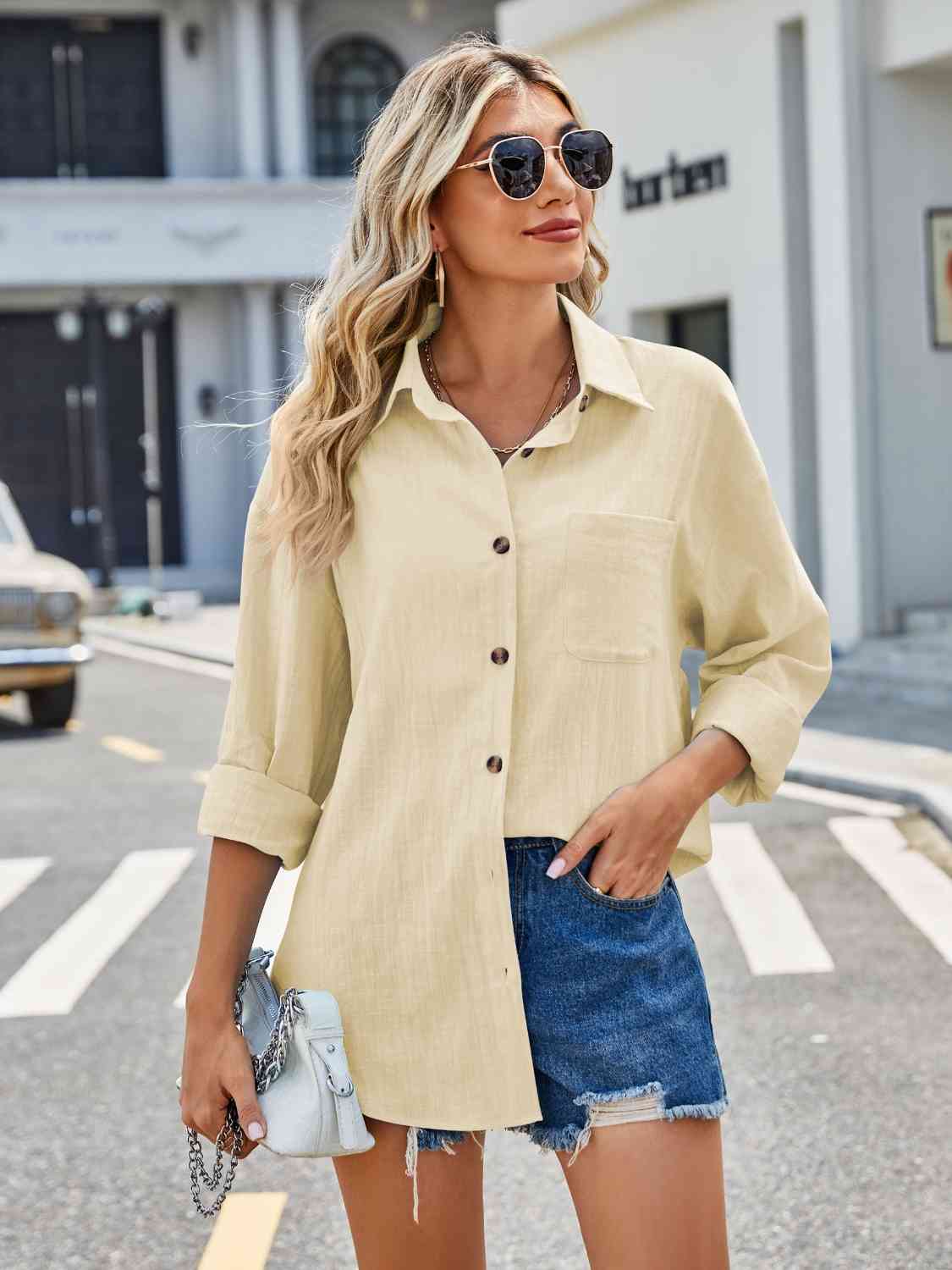 Button Up Collared Neck Long Sleeve Shirt