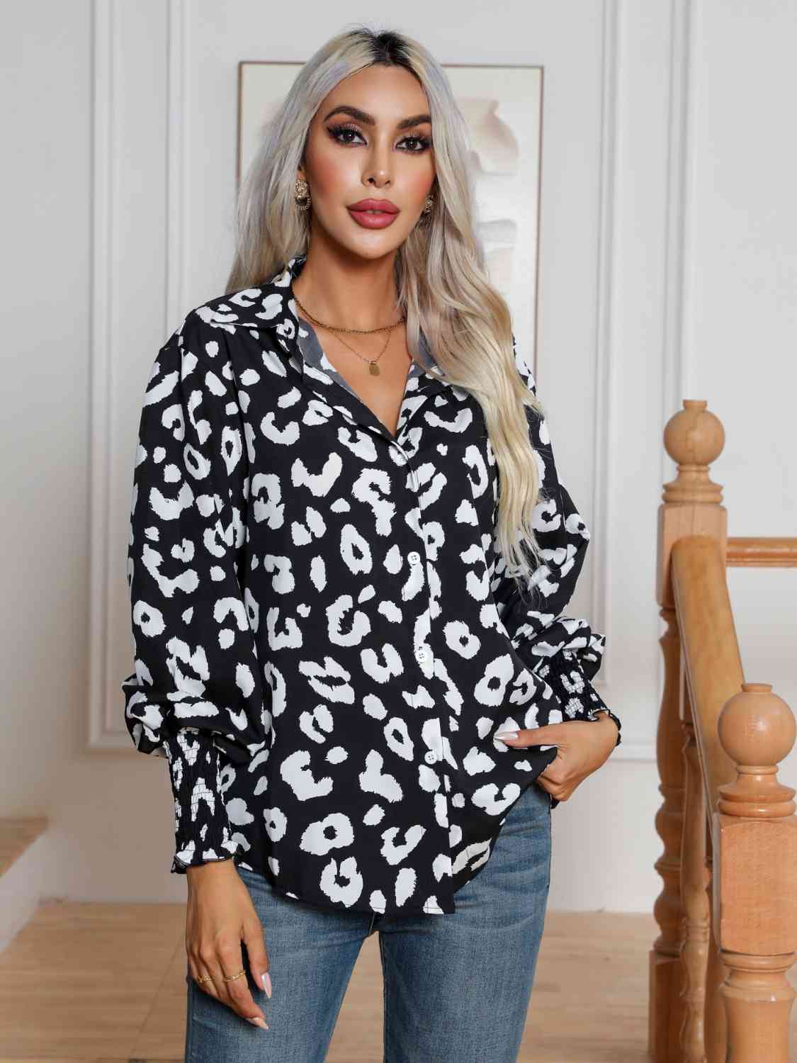 Printed Collared Neck Buttoned Lantern Sleeve Shirt