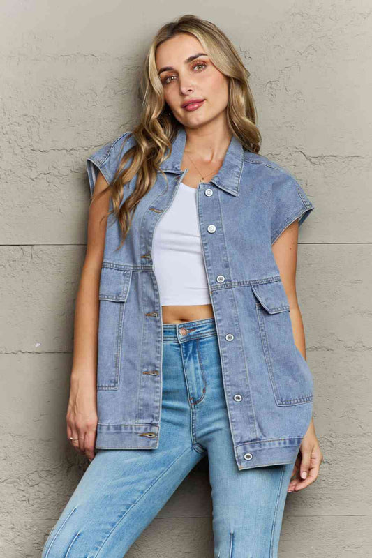 Collared Neck Sleeveless Denim Top with Pockets