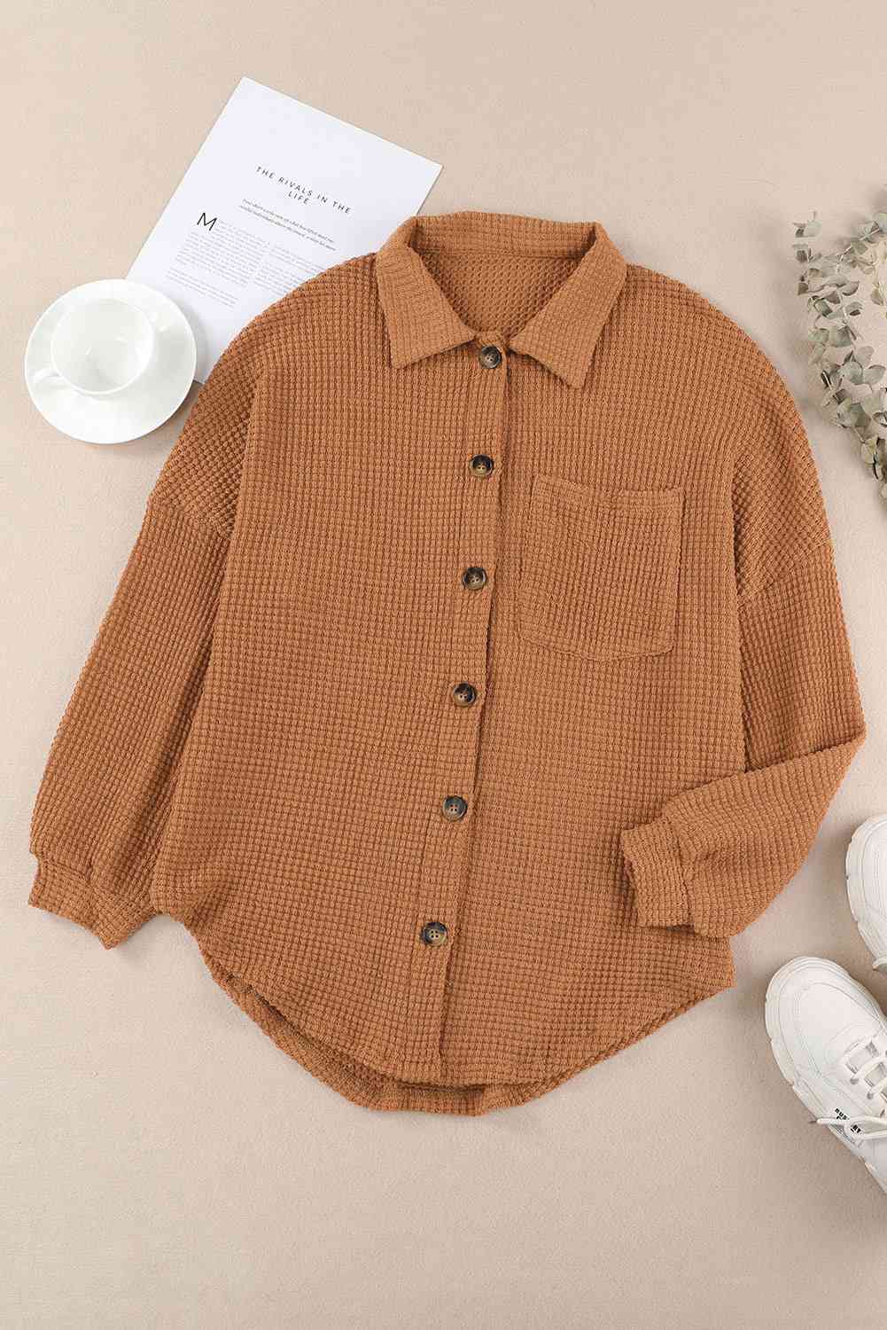 Waffle-Knit Button Up Long Sleeve Shirt with Pocket