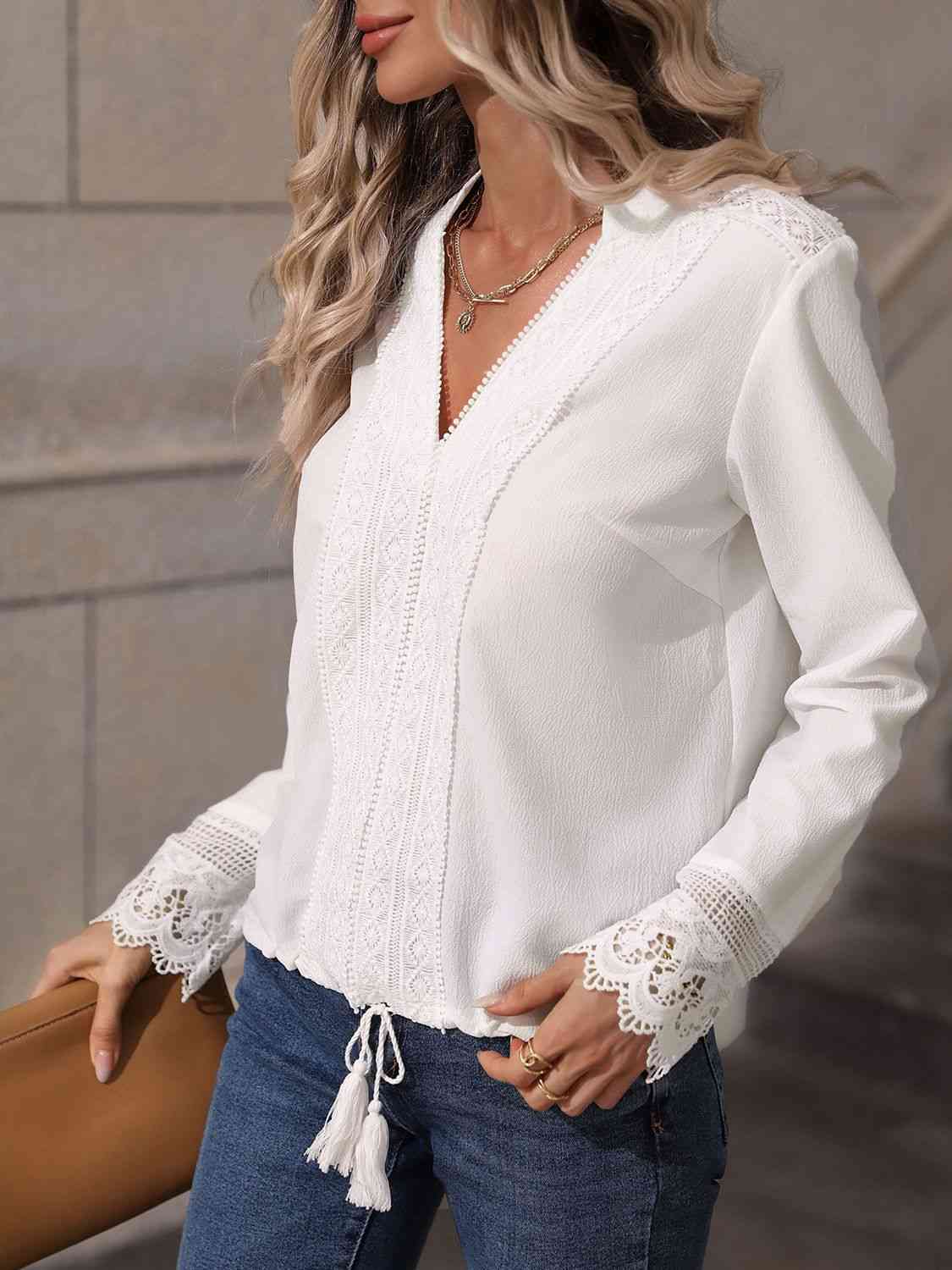 V-Neck Long Sleeve Lace Trim Blouse