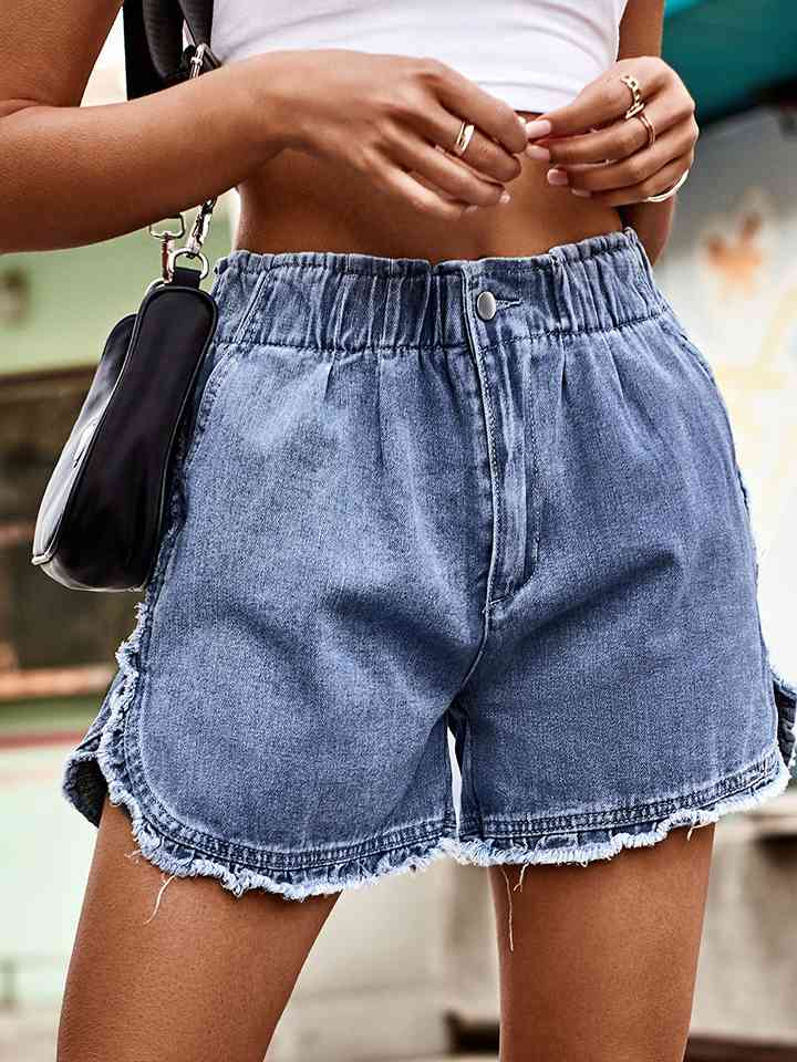 Raw Hem Elastic Waist Denim Shorts