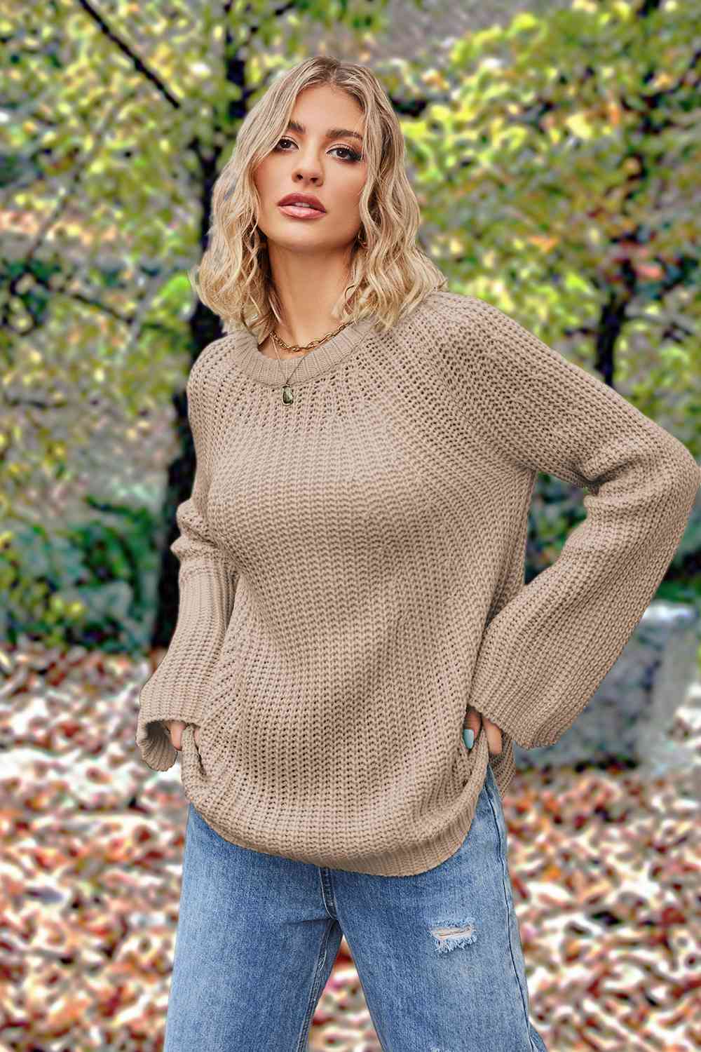 Openwork Round Neck Long Sleeve Sweater