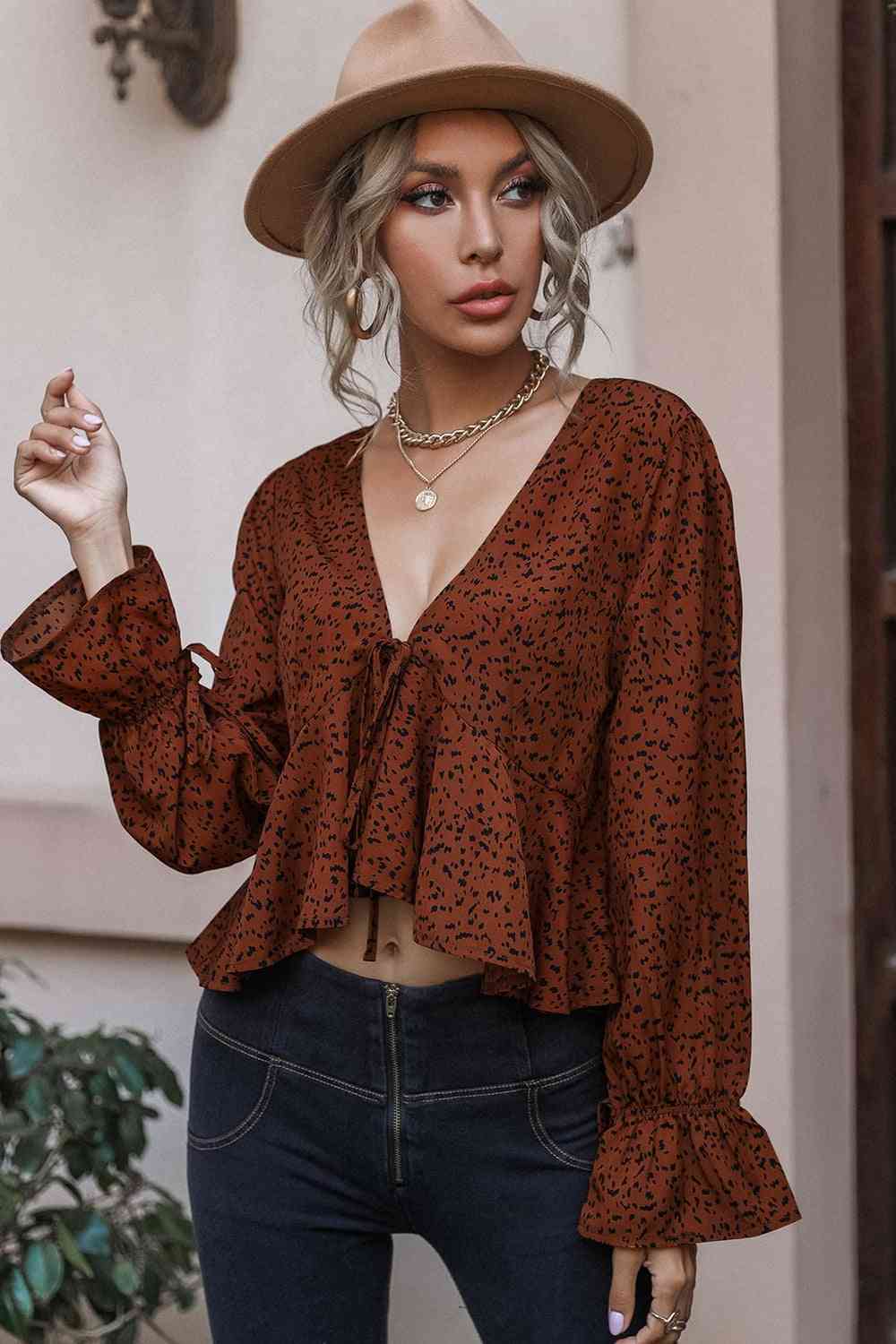 Cropped V-Neck Long Sleeve Blouse