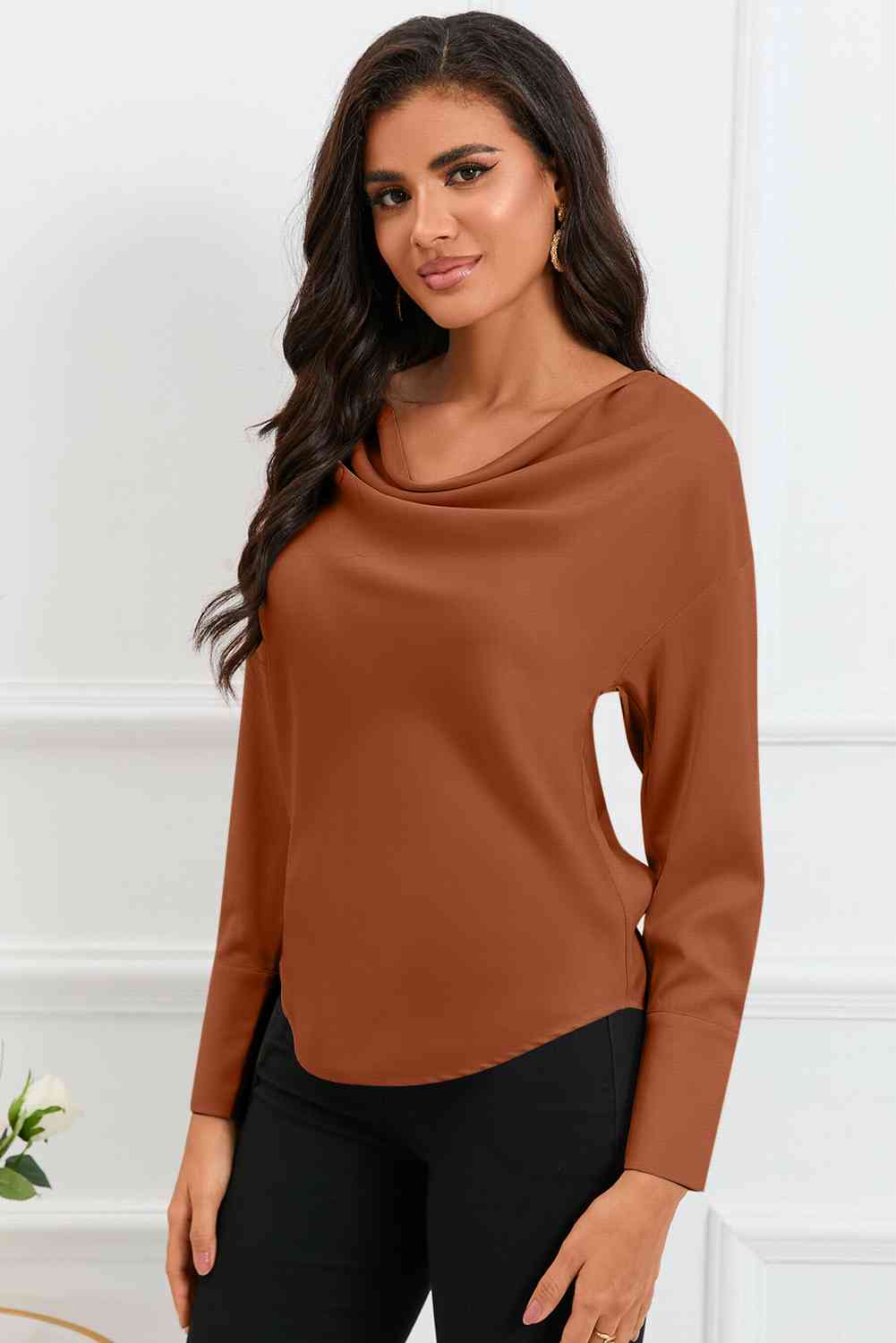 Cowl Neck Dropped Shoulder Long Sleeve Back Tie Blouse