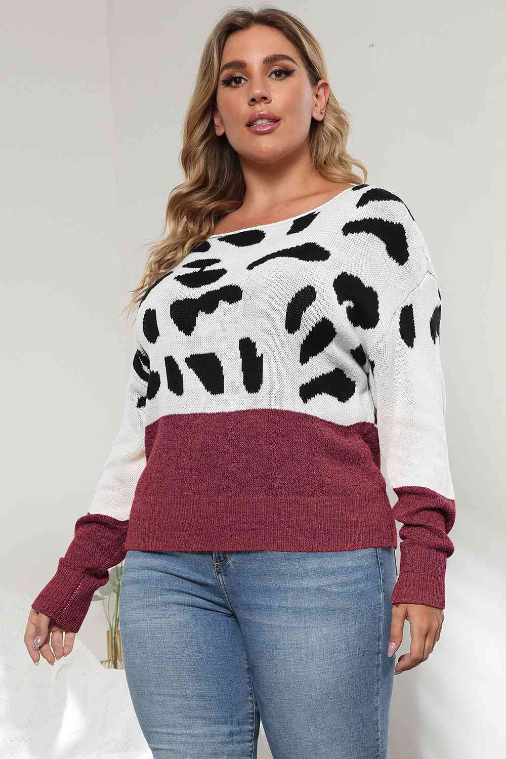 Plus Size Leopard Round Neck Long Sleeve Sweater