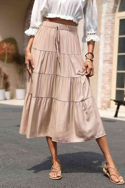 Elastic Waist Tiered Midi Skirt