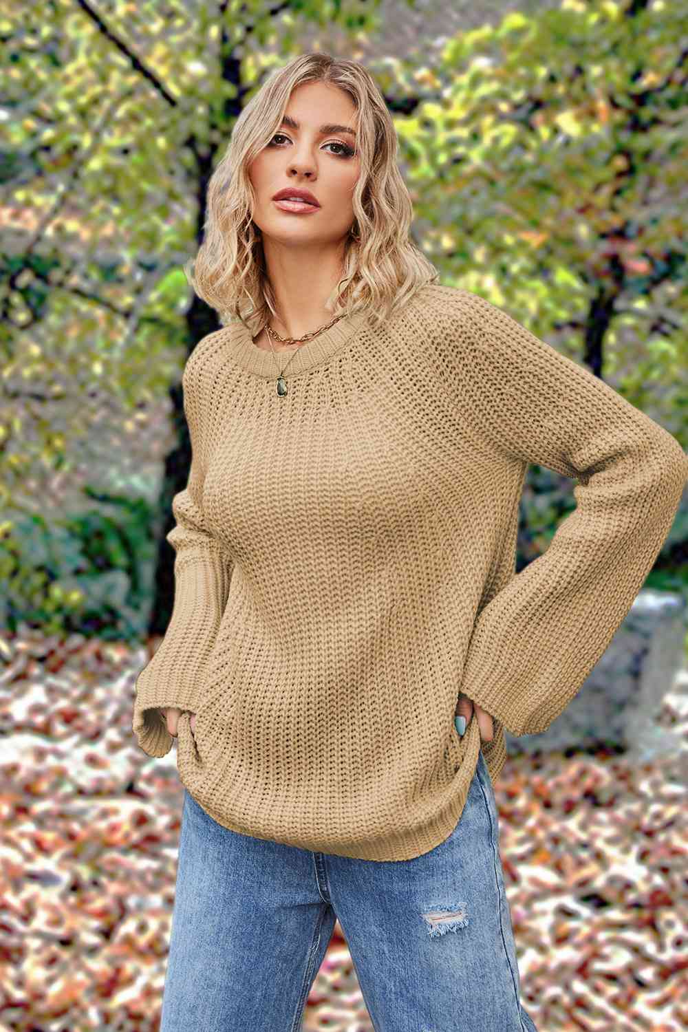 Openwork Round Neck Long Sleeve Sweater