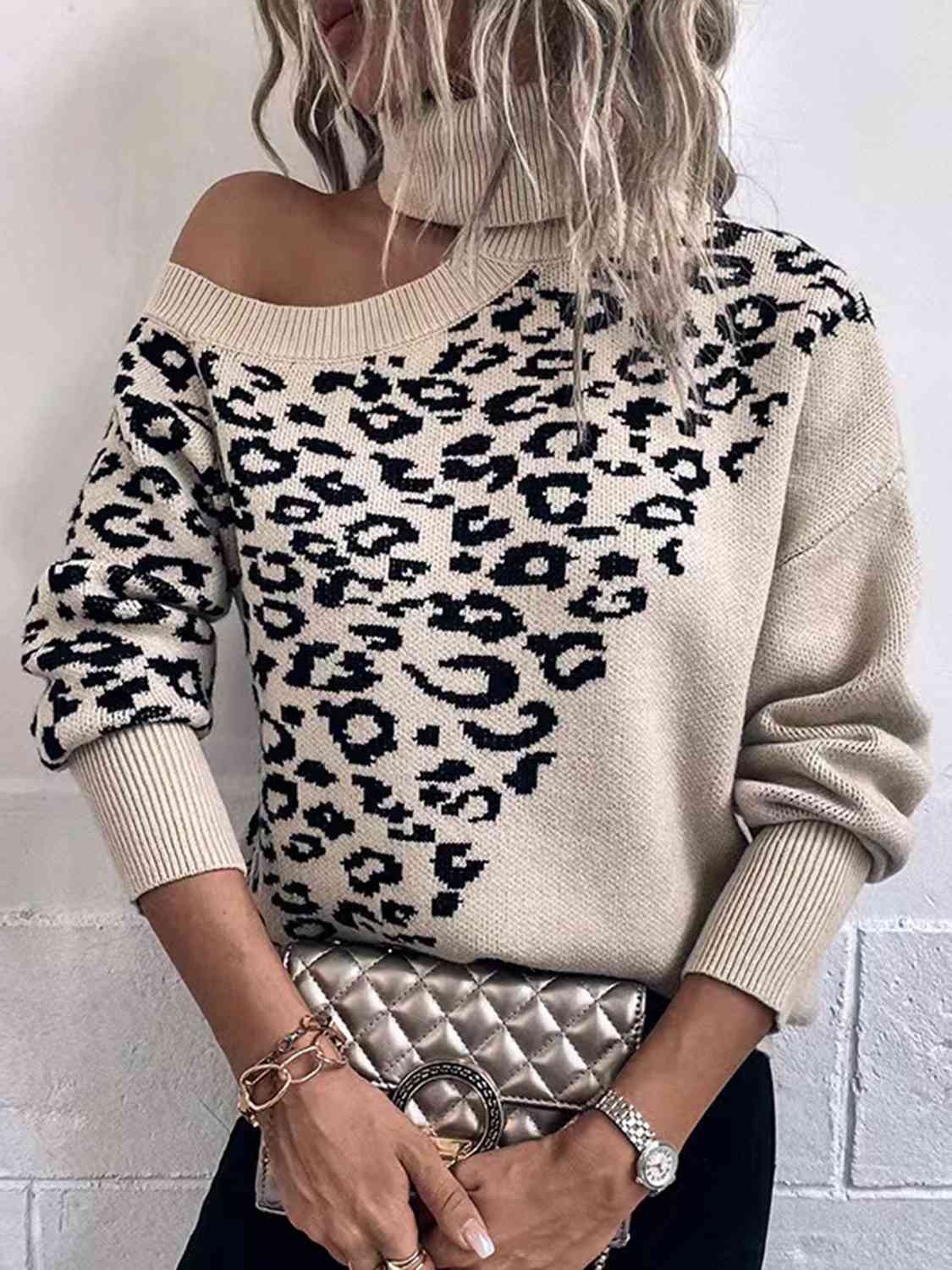 Leopard Turtleneck Cold Shoulder Long Sleeve Sweater