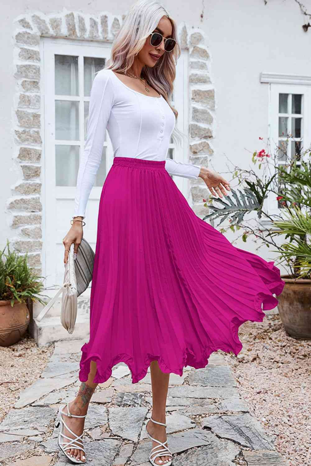 Frill Trim Smocked Waist Midi Skirt