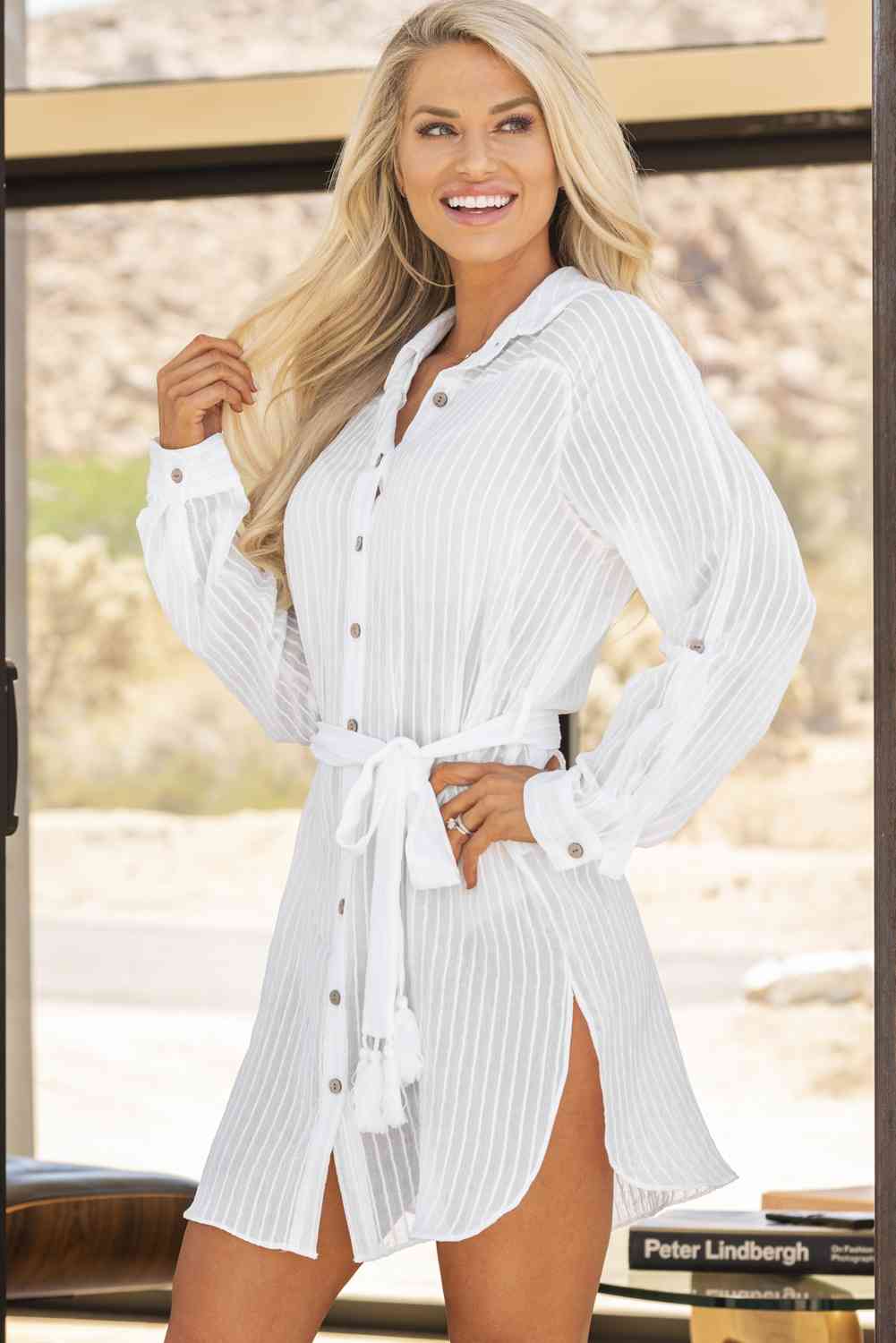 Belted Button-Front Cover-Up Shirt Dress