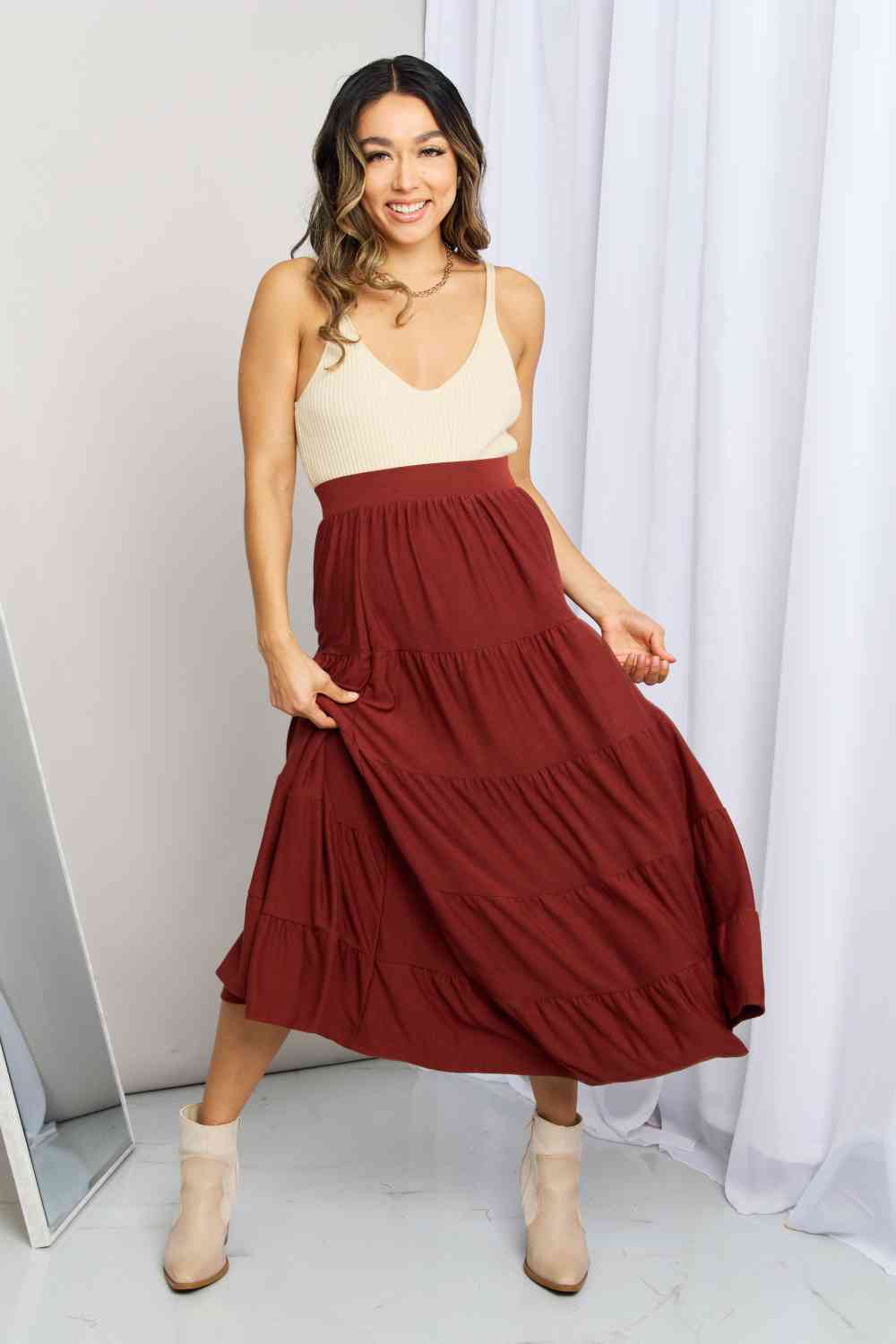 Zenana Full Size Wide Waistband Tiered Midi Skirt