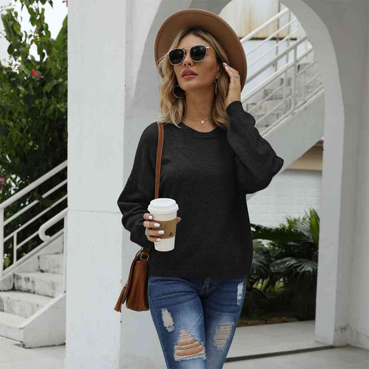 Round Neck Long Sleeve Drop Shoulder Sweater