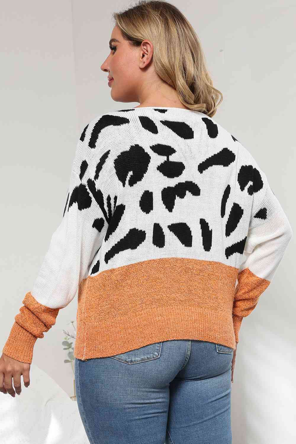 Plus Size Leopard Round Neck Long Sleeve Sweater