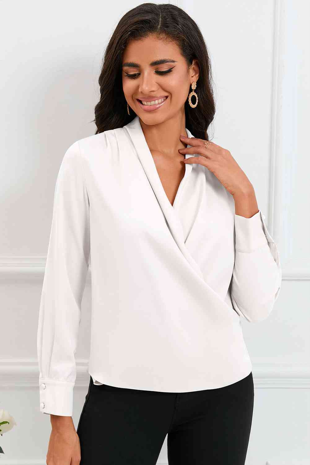 V-Neck Buttoned Long Sleeve Blouse