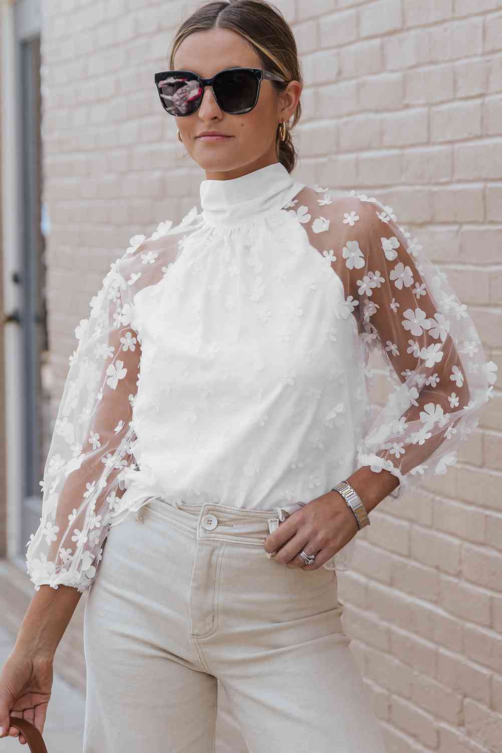 Mock Neck Long Sleeve Applique Blouse