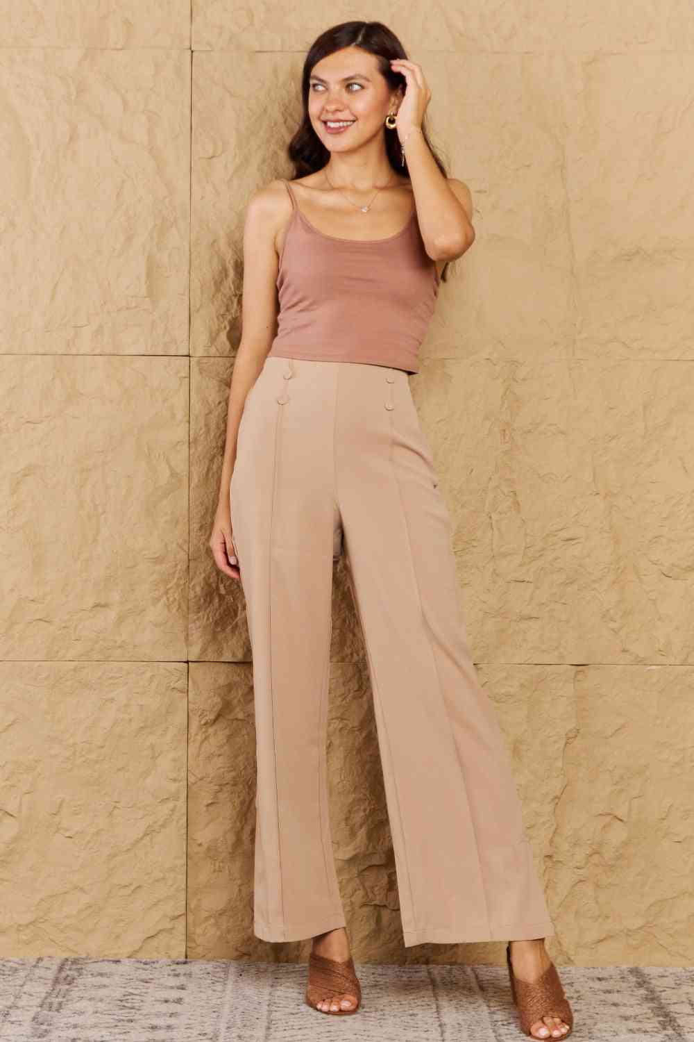 HYFVE Pretty Pleased High Waist Pintuck Straight Leg Pants in Camel