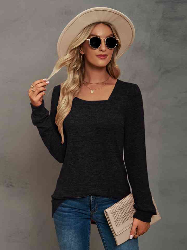 Heathered Square Neck Long Sleeve T-Shirt