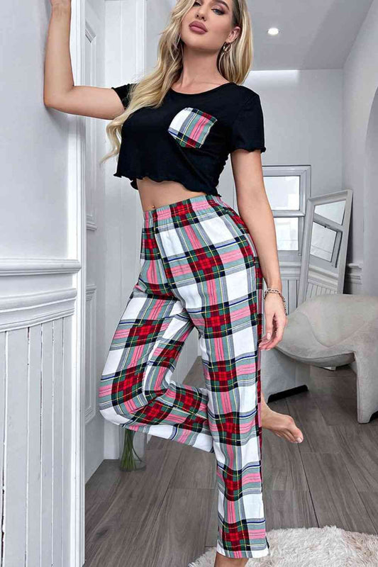 Lettuce Trim Cropped T-Shirt and Plaid Pants Lounge Set