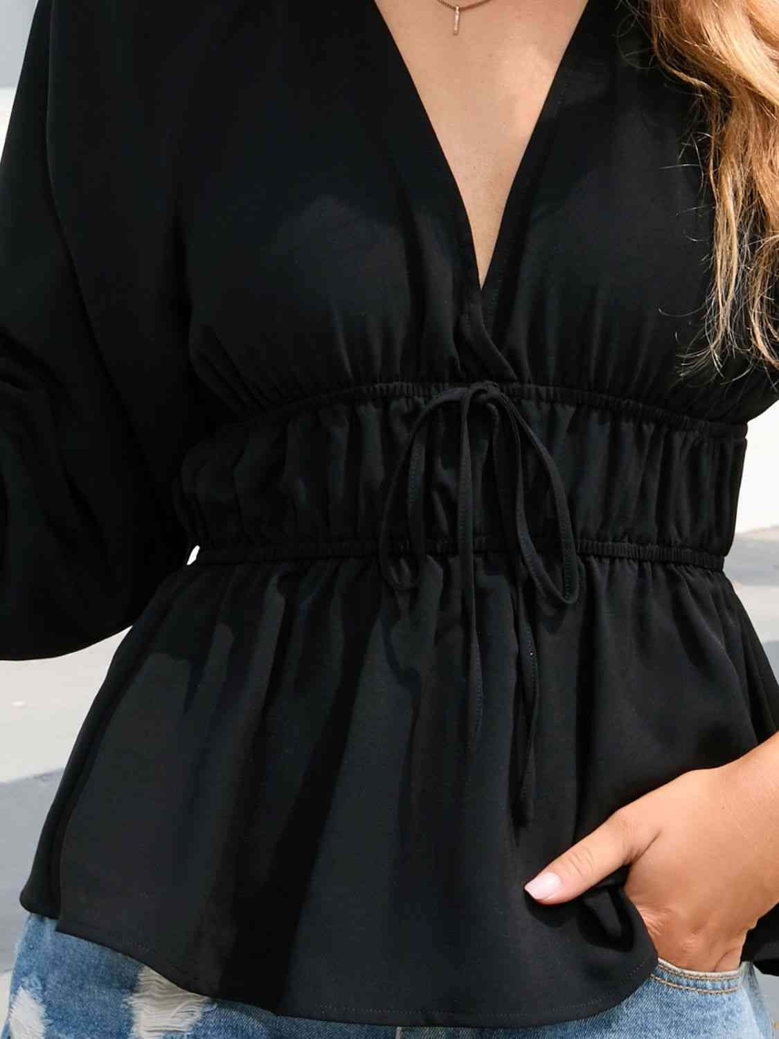 Balloon Sleeve Plunge Peplum Blouse