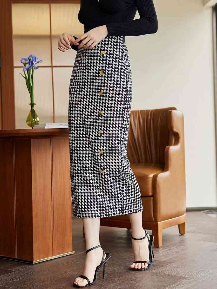 Houndstooth Decorative Button Slit Midi Skirt