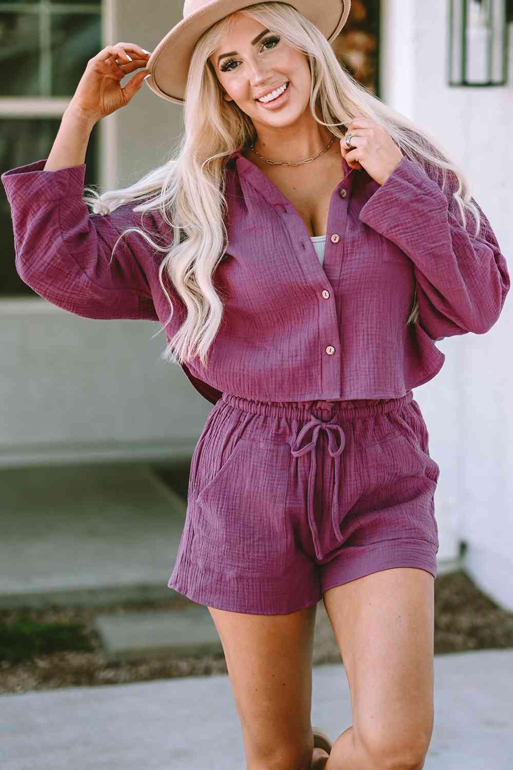 Buttoned Long Sleeve Top and Shorts Set