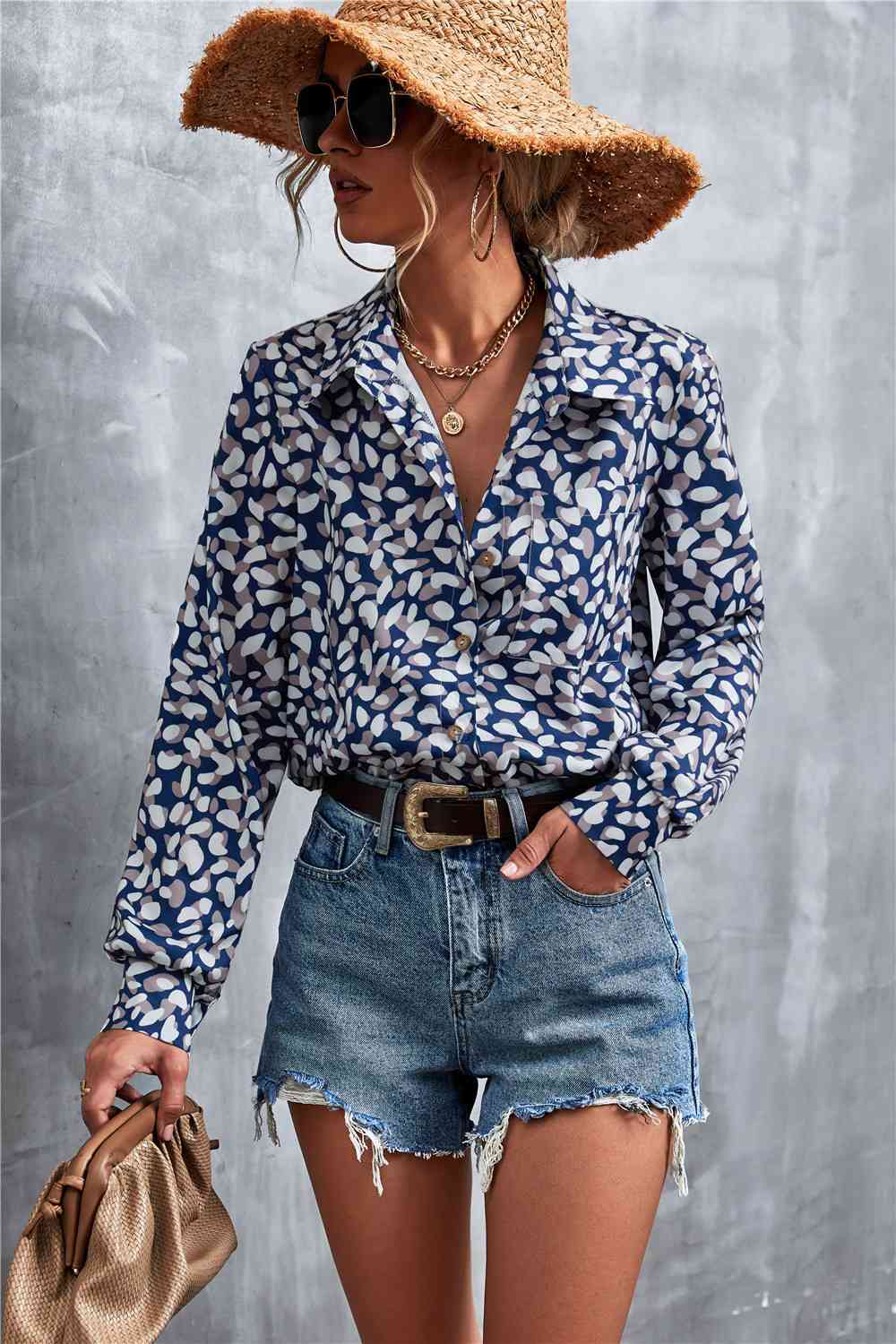 Printed Button Down Long Sleeve Shirt